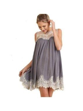 Umgee Grey Boho Lace Detail Sleeveless Dress